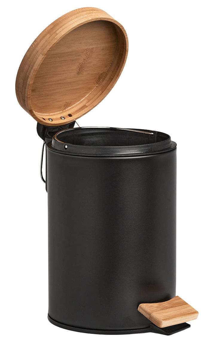 Schwarzer Kosmetikeimer mit Holzdeckel und Pedal, seitliche Perspektive