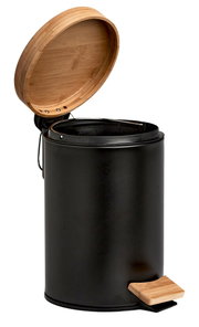 Schwarzer Kosmetikeimer mit Holzdeckel und Pedal, seitliche Perspektive