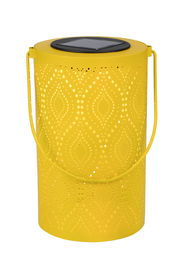 Gelbe Solarleuchte mit dekorativem Lochmuster und Tragegriff, seitliche Perspektive