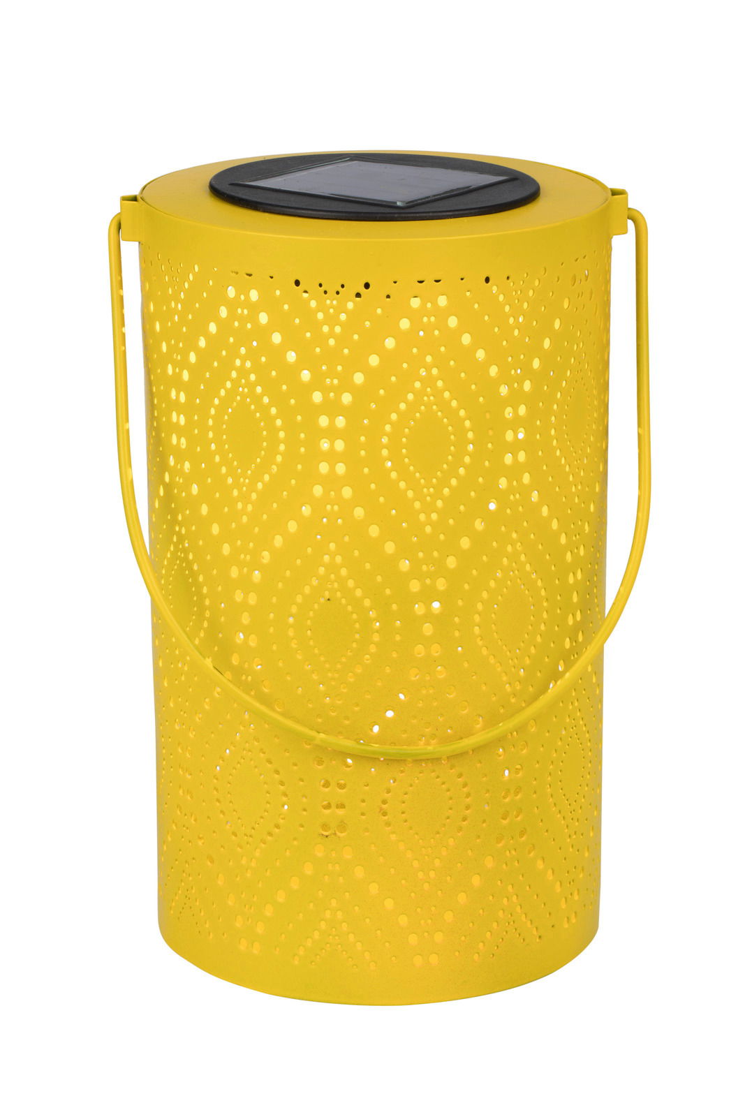 Gelbe Solarleuchte mit dekorativem Lochmuster und Tragegriff, seitliche Perspektive