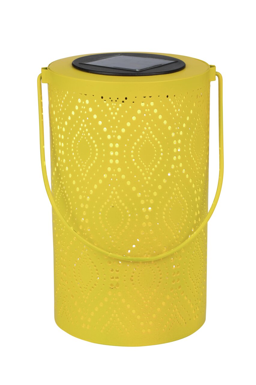 Gelbe Solarleuchte mit dekorativem Lochmuster und Tragegriff, seitliche Perspektive