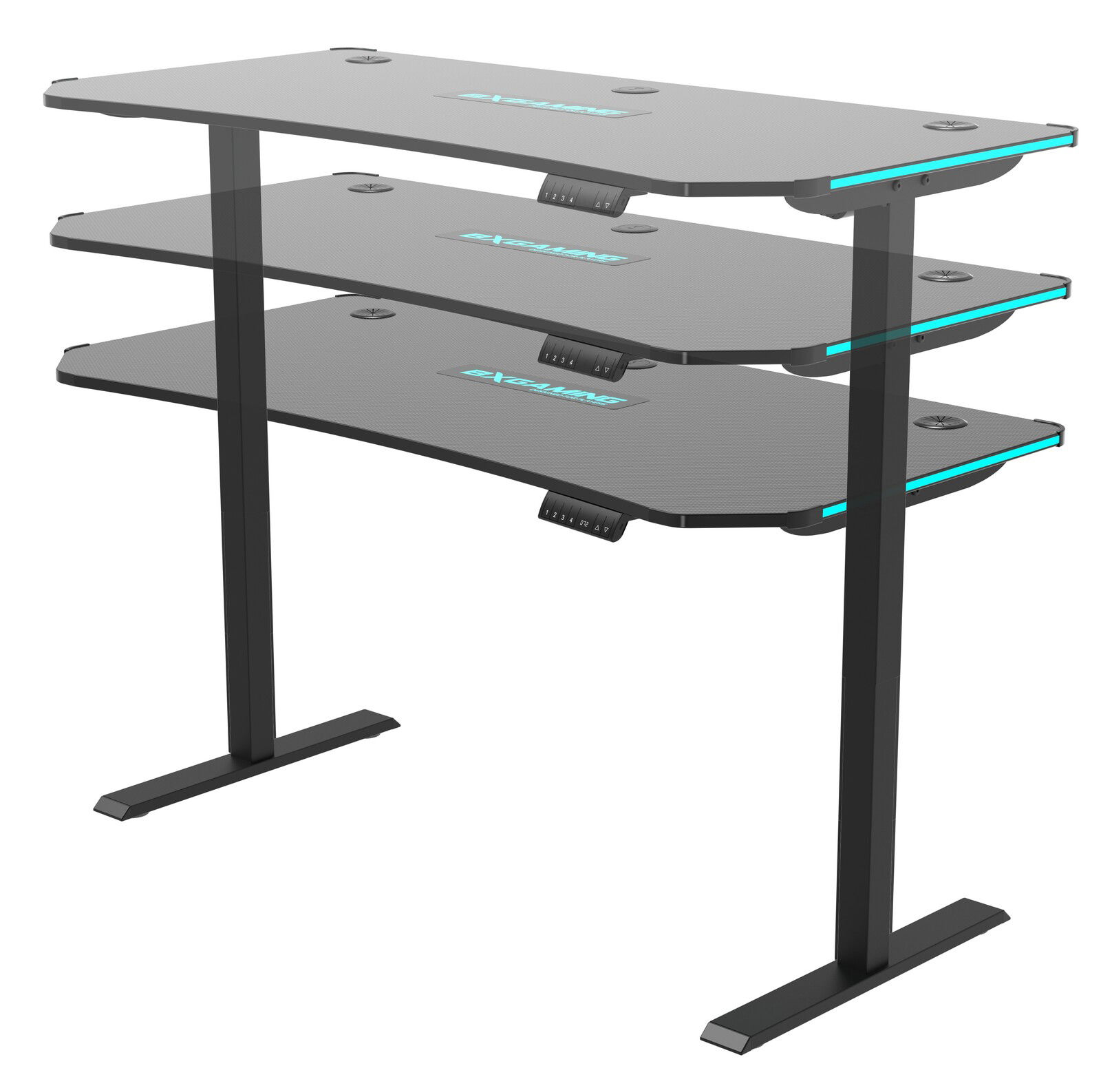Höhenverstellbarer E-Gaming Tisch mit drei Ebenen, seitliche Ansicht