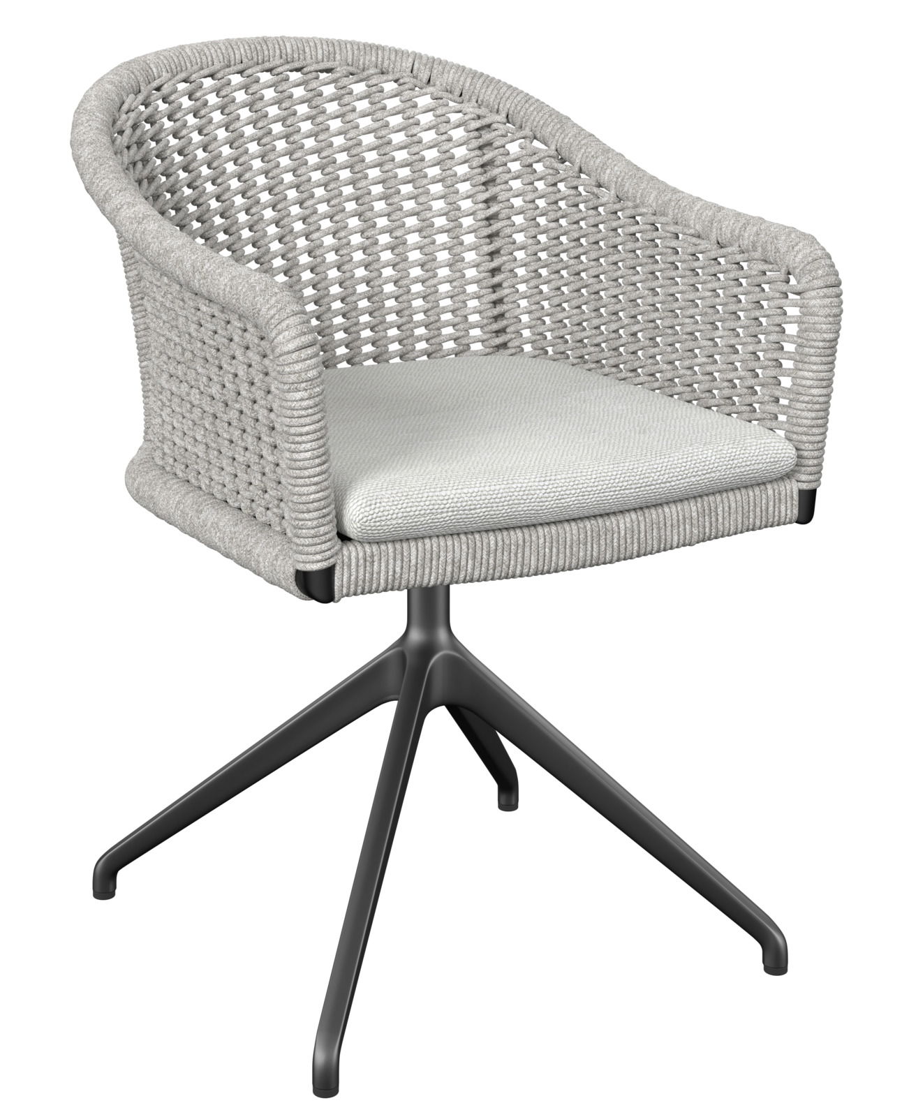 Moderner Armlehnstuhl mit geflochtenem Design und schwarzem Metallgestell, seitliche Perspektive