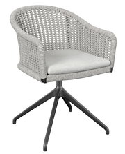 Moderner Armlehnstuhl mit geflochtenem Design und schwarzem Metallgestell, seitliche Perspektive