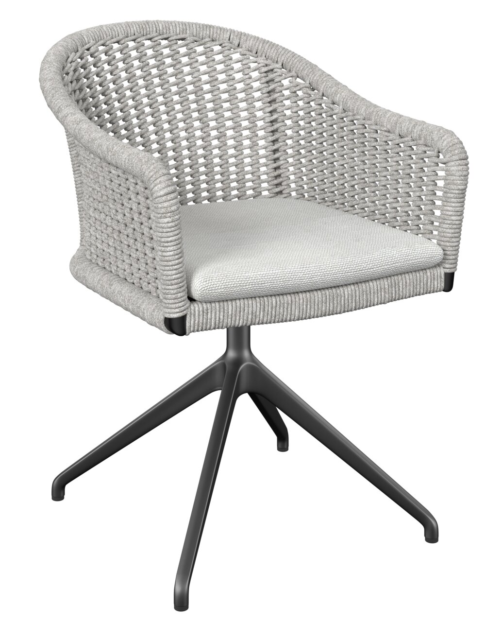 Moderner Armlehnstuhl mit geflochtenem Design und schwarzem Metallgestell, seitliche Perspektive