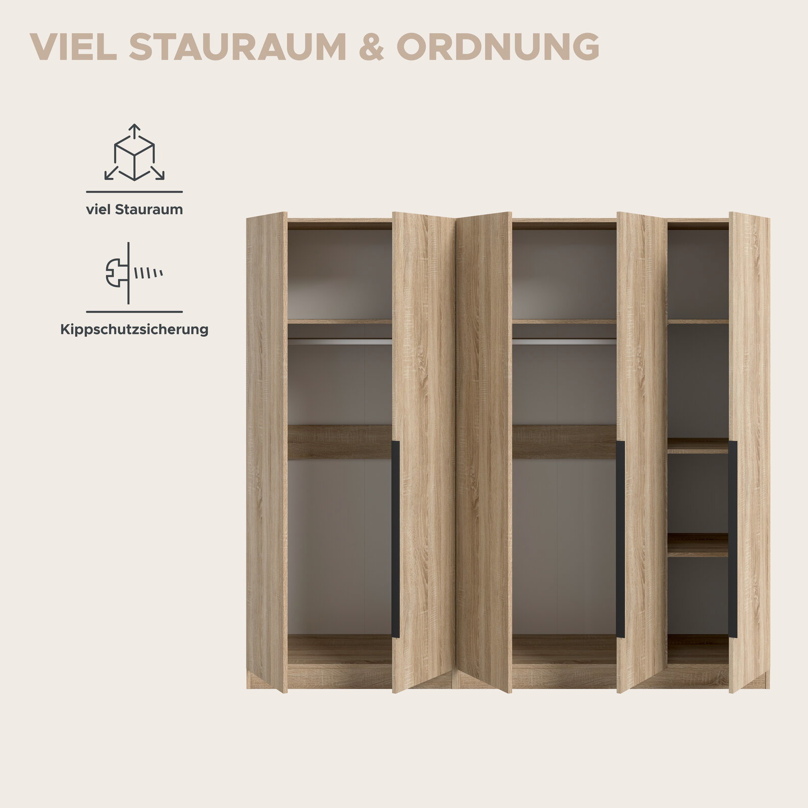 Offener Kleiderschrank in heller Holzoptik mit viel Stauraum, Kleiderstangen und Regalfächern, Frontansicht leicht schräg von vorn; Hinweis auf Kippschutzsicherung