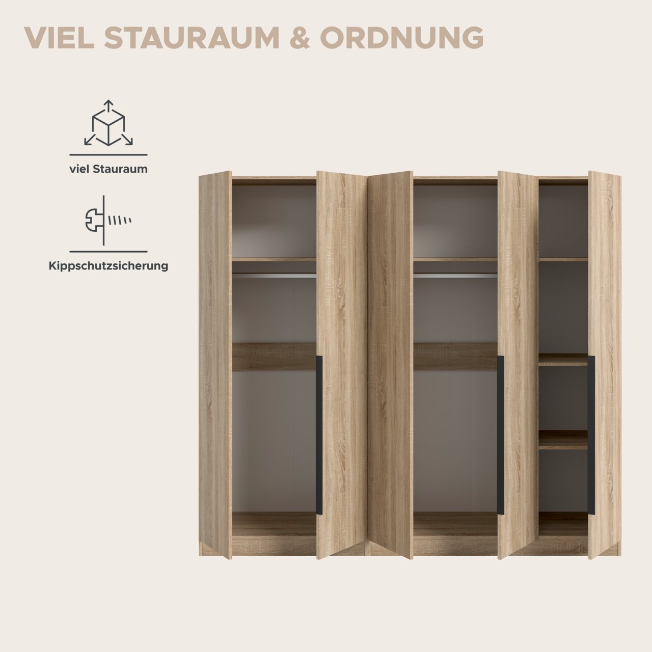 Offener Kleiderschrank in heller Holzoptik mit viel Stauraum, Kleiderstangen und Regalfächern, Frontansicht leicht schräg von vorn; Hinweis auf Kippschutzsicherung
