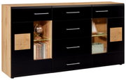 Modernes Sideboard mit schwarzer Front und Holzelementen, seitliche Glasvitrinen mit Beleuchtung, Perspektive von vorne links