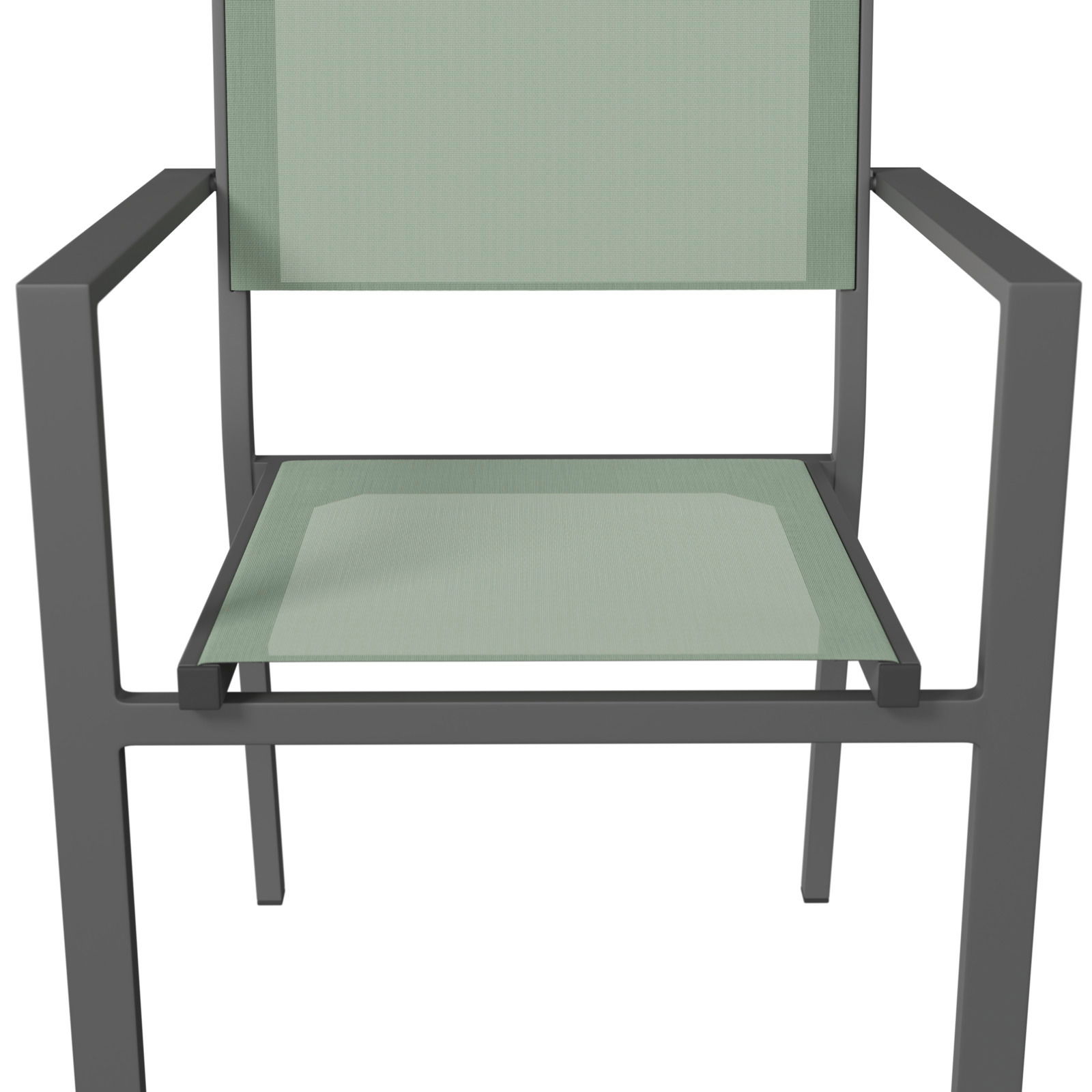 Moderner Stapelsessel mit grünem Sitz und Rückenlehne, aus der Frontalperspektive.