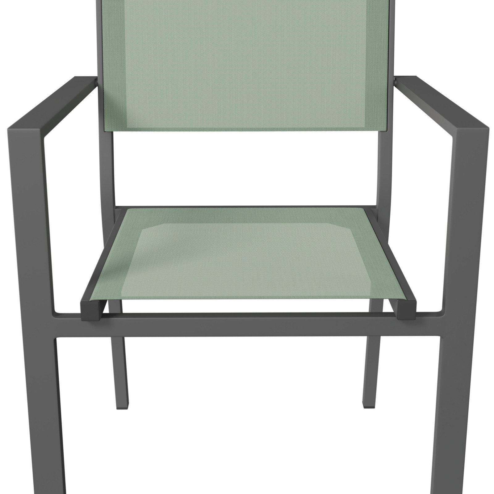 Moderner Stapelsessel mit grünem Sitz und Rückenlehne, aus der Frontalperspektive.