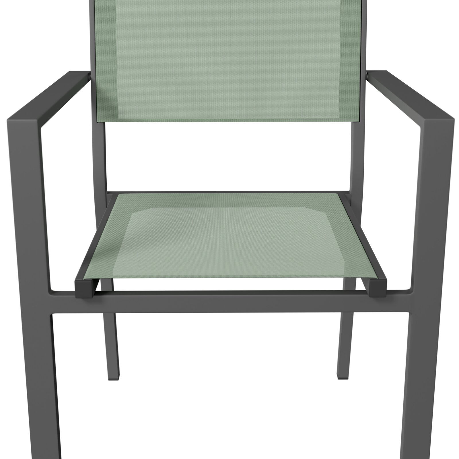 Moderner Stapelsessel mit grünem Sitz und Rückenlehne, aus der Frontalperspektive.
