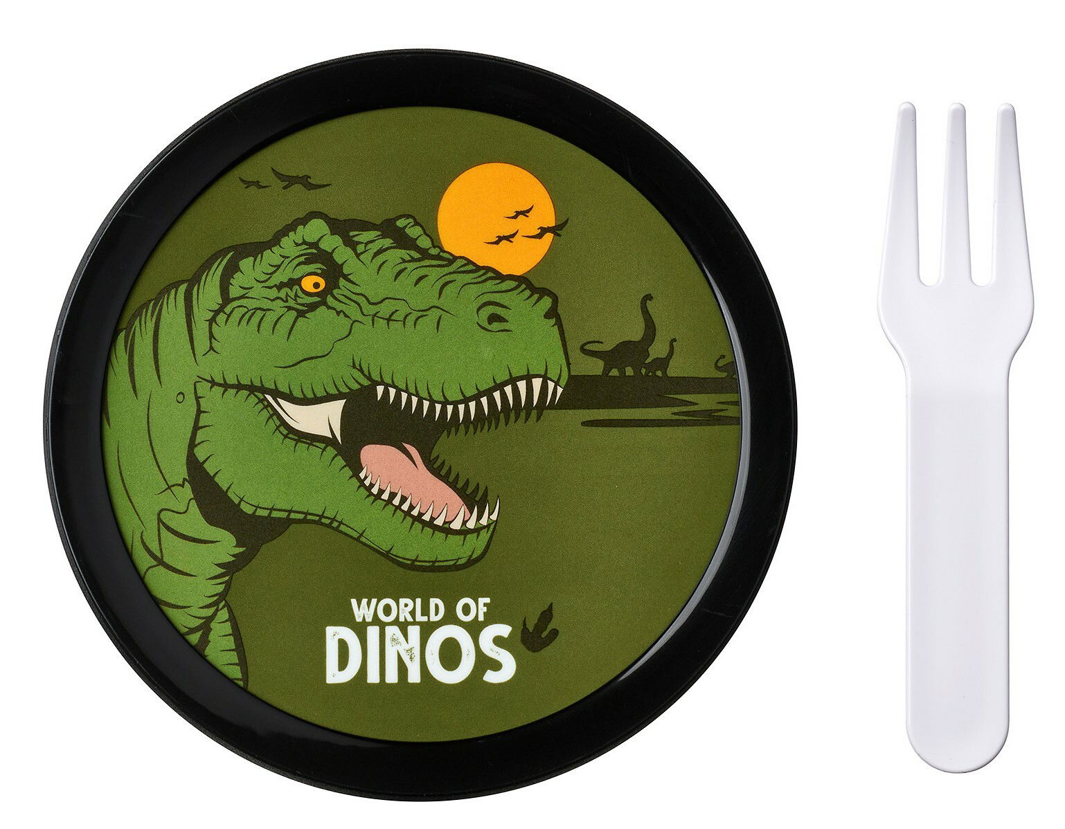 Teller mit Dinosaurier-Motiv und Gabel, von oben betrachtet