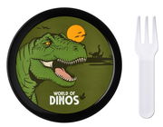 Teller mit Dinosaurier-Motiv und Gabel, von oben betrachtet