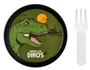 Bord met dinosaurusmotief en vork, gezien van bovenaf