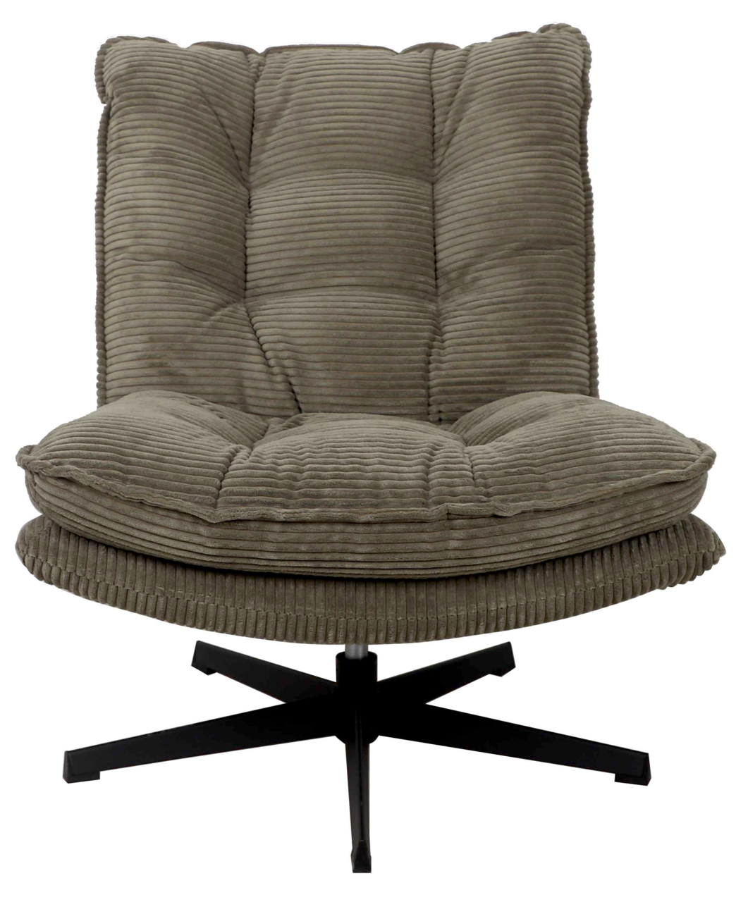 Frontansicht eines gemütlichen Relaxsessels JOSHUA mit geripptem Stoffbezug und stabilem schwarzen Drehfuß.