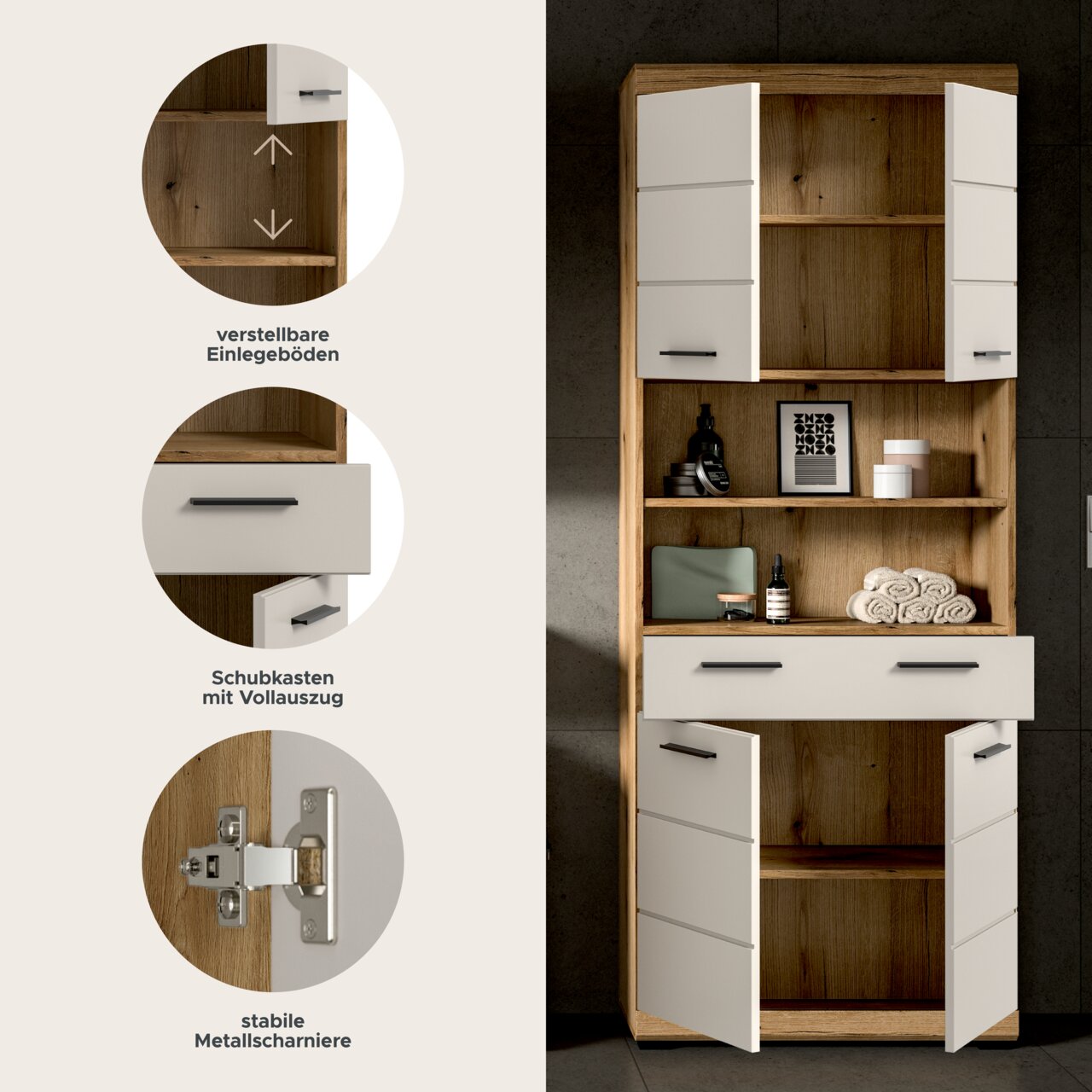 Hoher Badezimmer-Hochschrank in Holzoptik mit weißen Fronten und schwarzen Griffen, teils geöffnet mit verstellbaren Einlegeböden, Vollauszug-Schublade und Metallscharnieren; frontale Ansicht.