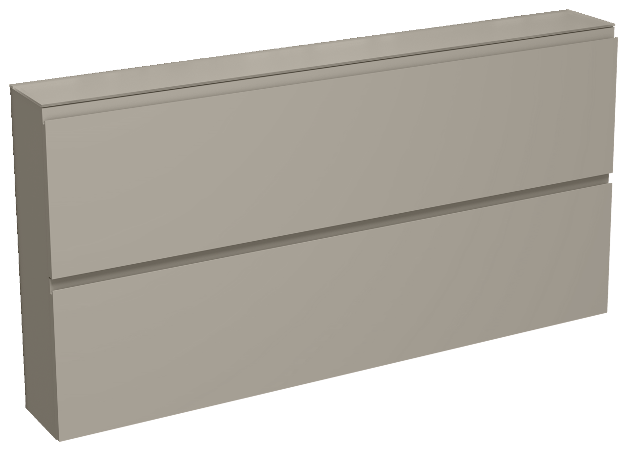 Moderano XL-Hängeschuhschrank LECCO XL-Hängeschuhschrank 2K-T33 in seitlicher Perspektive, zweifach unterteilt, in neutralem Farbton.