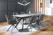 Esszimmer mit modernem Tisch und sechs grauen Sesseln, seitliche Perspektive