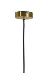 Hängelampe mit goldener Deckenhalterung und schwarzem Kabel, seitliche Perspektive