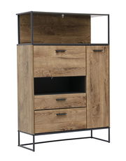 Stauraumelement aus Holz mit Glasaufsatz, zwei Schubladen und einer Tür, seitliche Perspektive