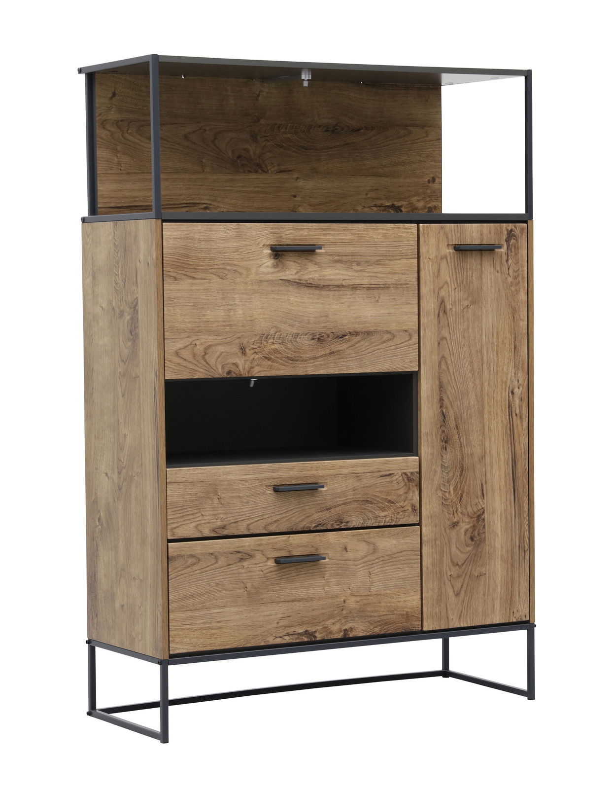 Stauraumelement aus Holz mit Glasaufsatz, zwei Schubladen und einer Tür, seitliche Perspektive