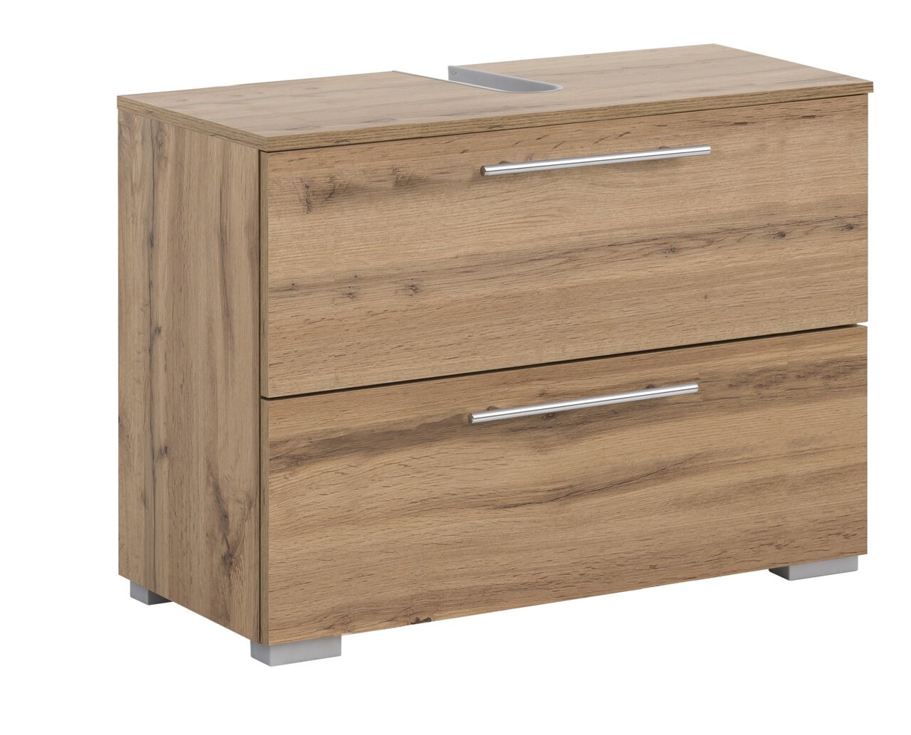 Waschbeckenunterschrank aus Holz mit zwei Schubladen und silbernen Griffen, seitliche Perspektive