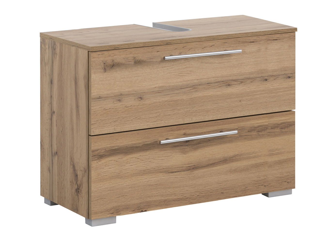 Waschbeckenunterschrank aus Holz mit zwei Schubladen und silbernen Griffen, seitliche Perspektive