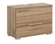 Waschbeckenunterschrank aus Holz mit zwei Schubladen und silbernen Griffen, seitliche Perspektive