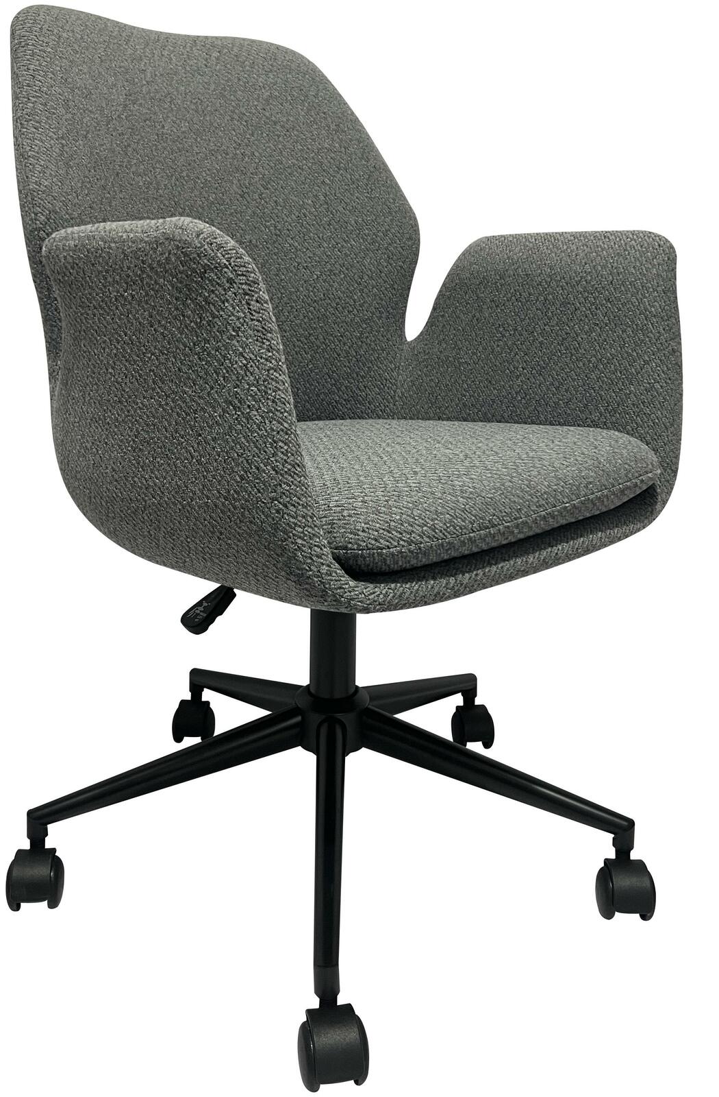 Novel Drehstuhl JAMIE Grauer Drehstuhl mit Armlehnen und schwarzem Fußgestell, seitliche Perspektive