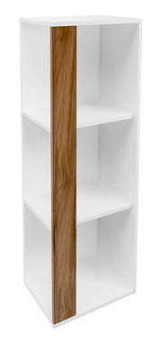 Weißes Regal mit drei Fächern und einer vertikalen Holzleiste, seitliche Perspektive
