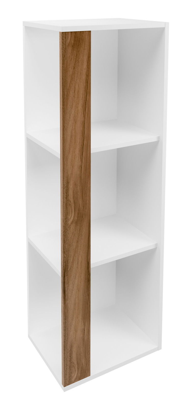 Weißes Regal mit drei Fächern und einer vertikalen Holzleiste, seitliche Perspektive