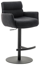 Moderner Barstuhl mit Armlehnen in dunklem Stoffbezug, seitliche Perspektive