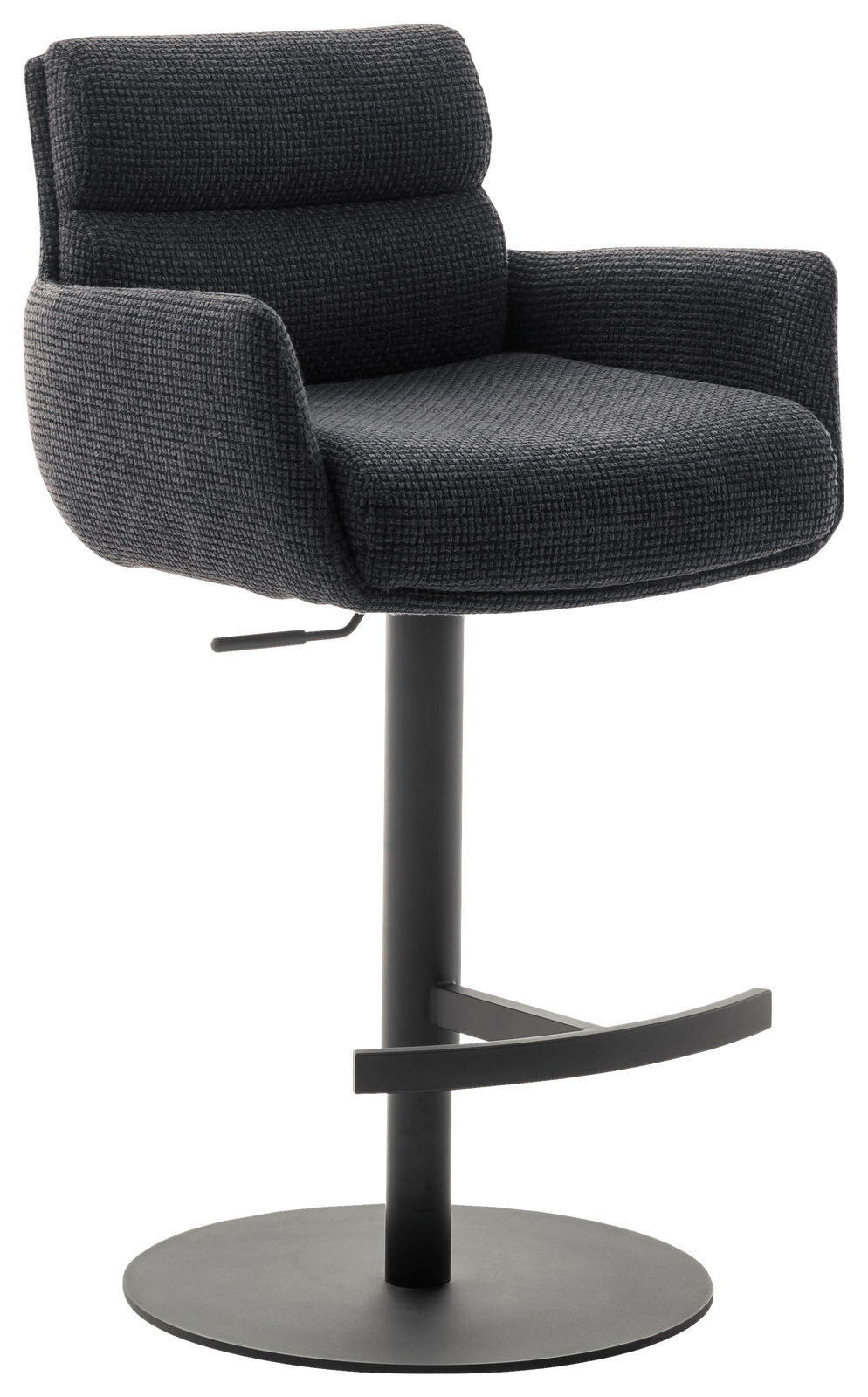 Moderner Barstuhl mit Armlehnen in dunklem Stoffbezug, seitliche Perspektive