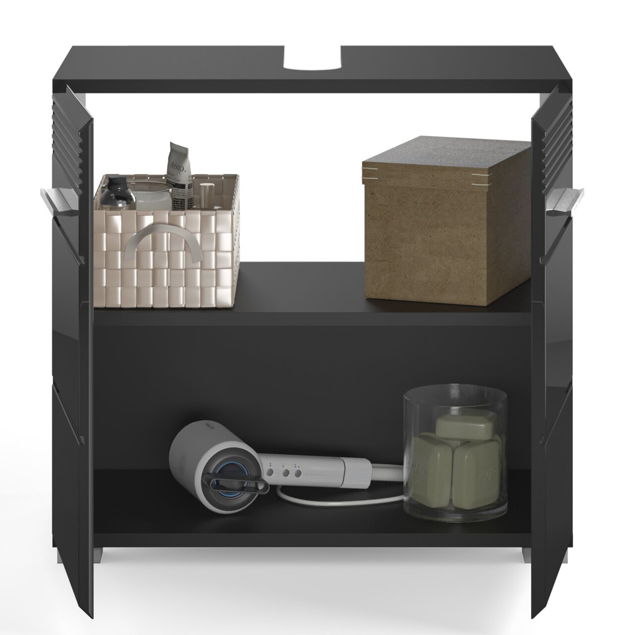 Schwarzer Badezimmerschrank mit zwei offenen Türen, gefüllt mit einem Korb, einer Box und einem elektrischen Gerät, aus frontaler Perspektive.