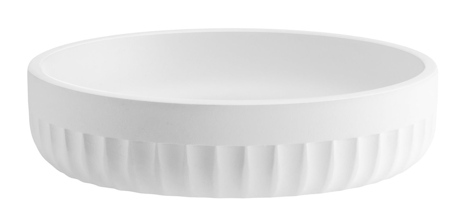 Weiße Seifenschale mit geriffeltem Rand, seitliche Perspektive