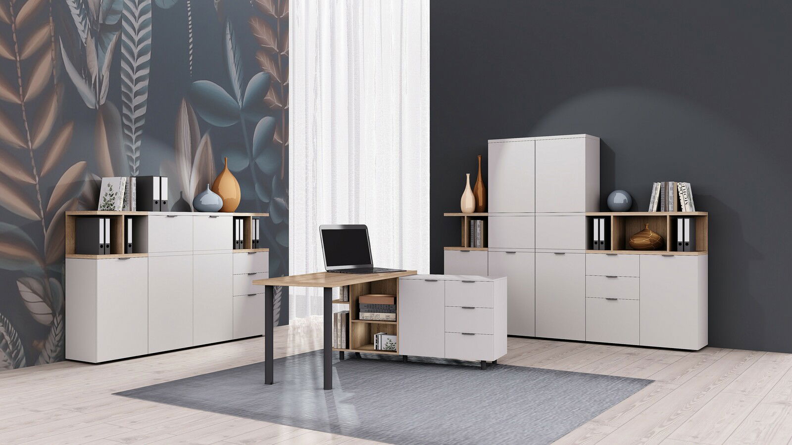 Carryhome Standelement 1-türig hoch Moderne Büromöbelkombination mit weißem Standelement, Schreibtisch und Regalen, seitliche Perspektive