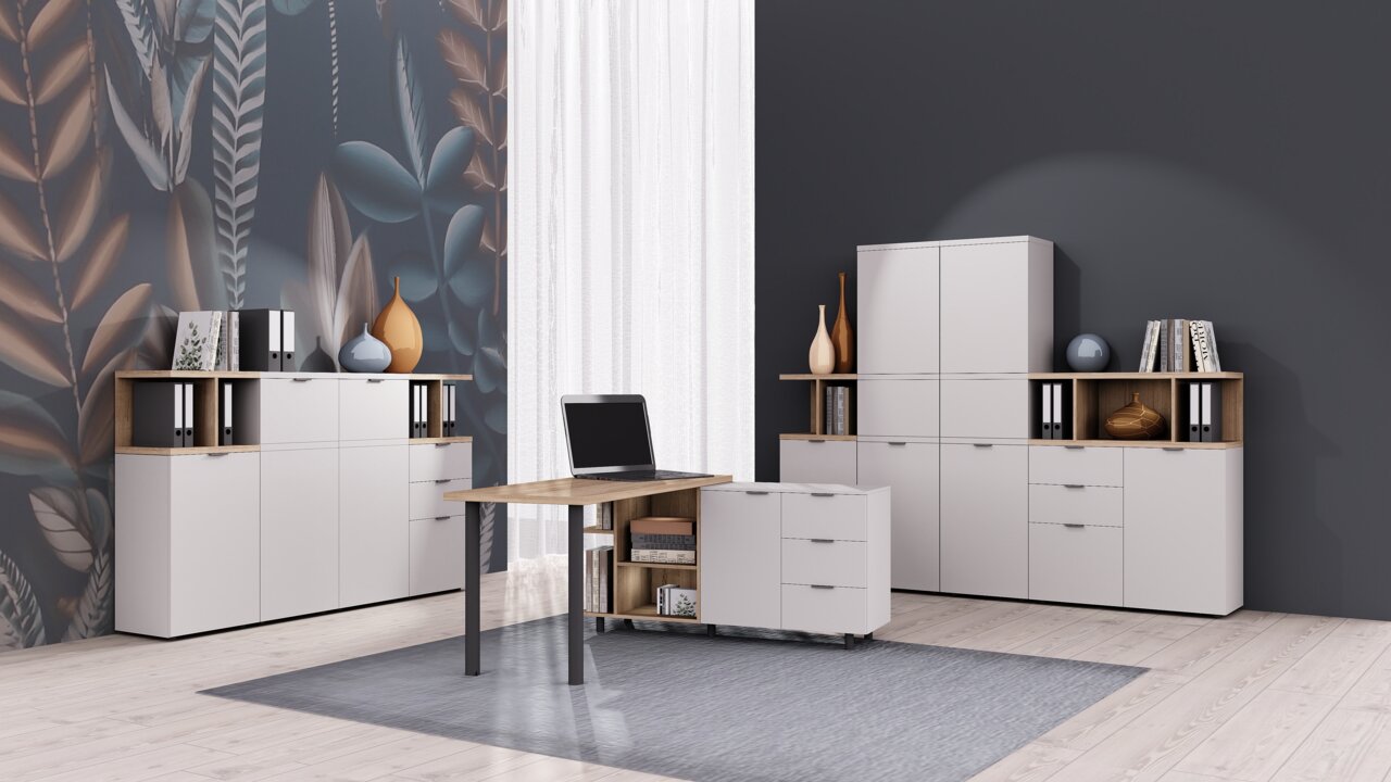 Carryhome Standelement 1-türig hoch TINO OFFICE Moderne Büromöbelkombination mit weißem Standelement, Schreibtisch und Regalen, seitliche Perspektive