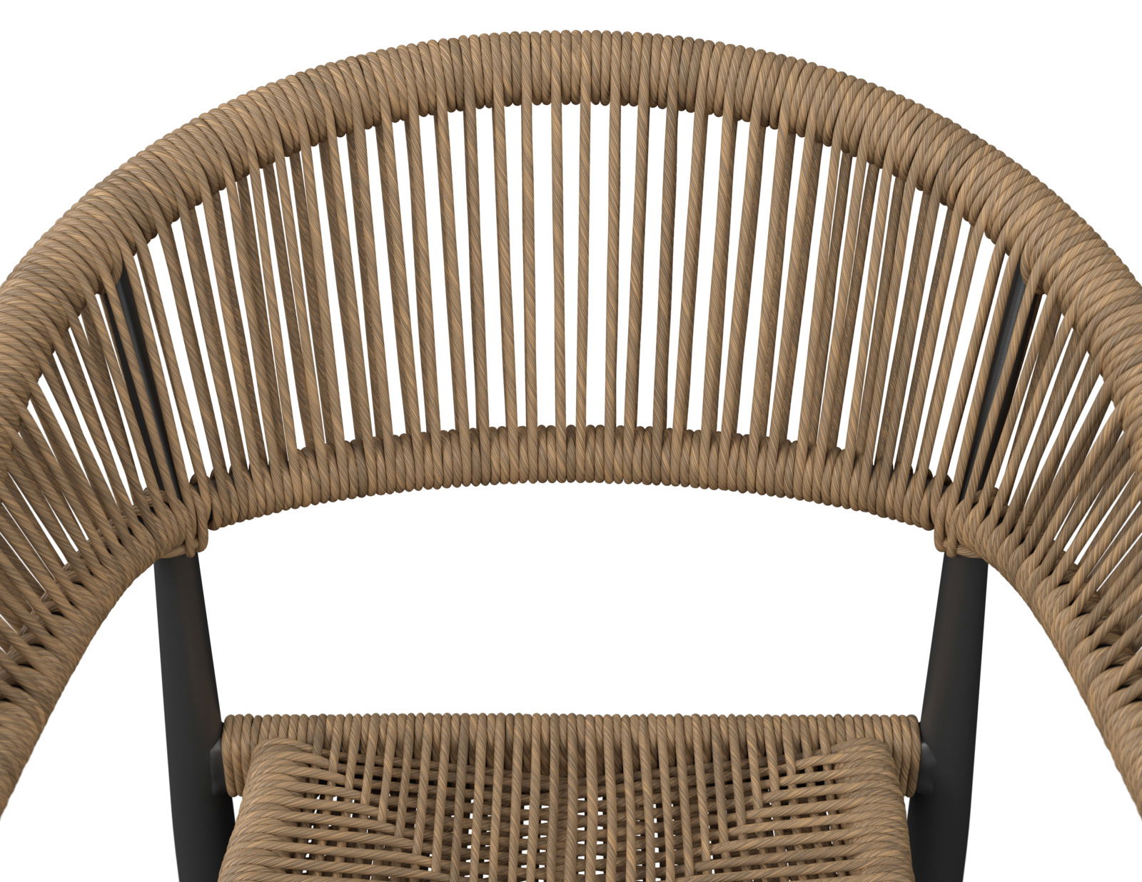 Nahaufnahme eines Stapelsessels mit geflochtenem Seildesign, Ansicht von oben.