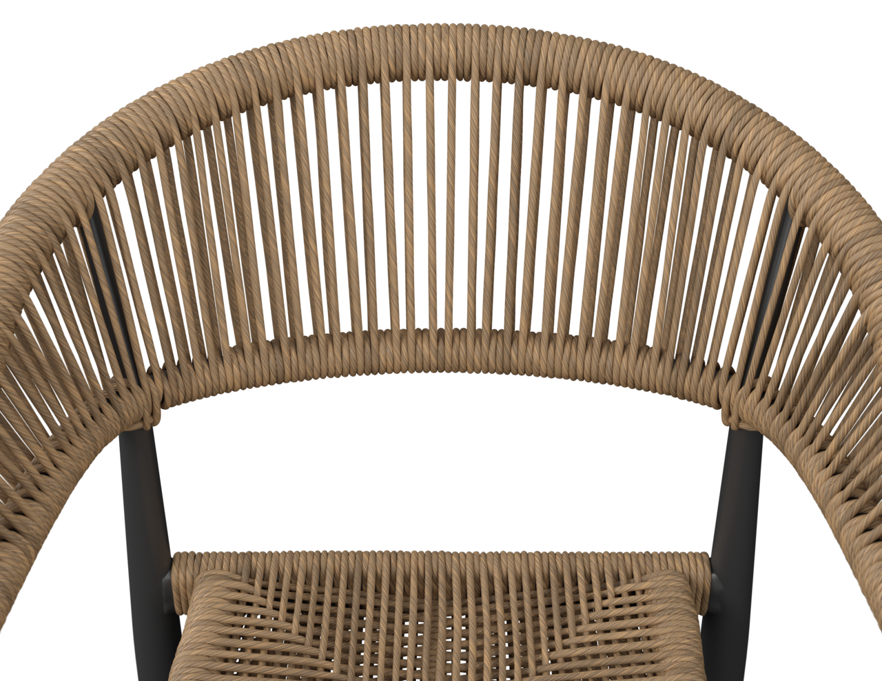 Nahaufnahme eines Stapelsessels mit geflochtenem Seildesign, Ansicht von oben.