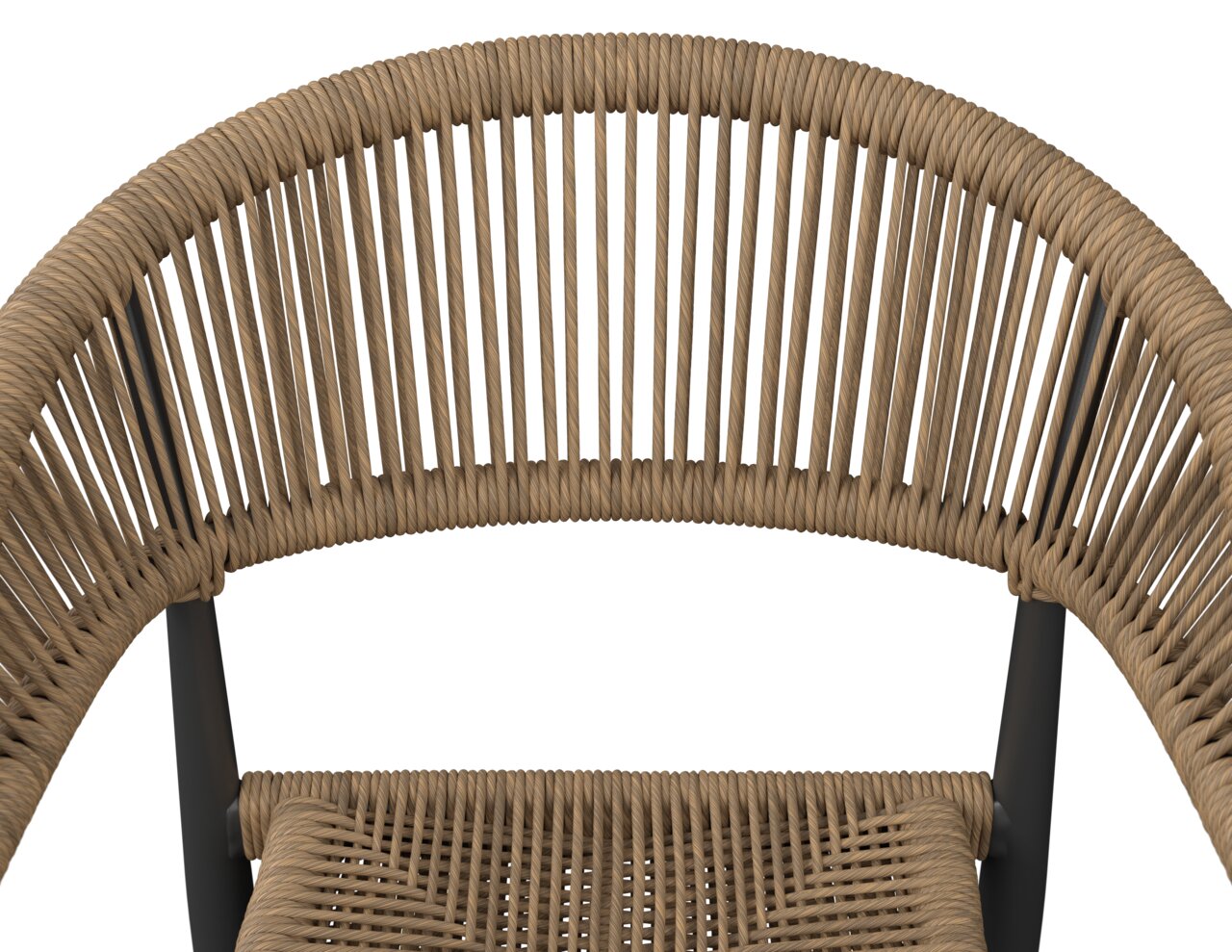 Nahaufnahme eines Stapelsessels mit geflochtenem Seildesign, Ansicht von oben.