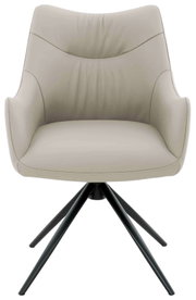 Moderne fauteuil in beige met een zwart metalen frame, vooraanzicht