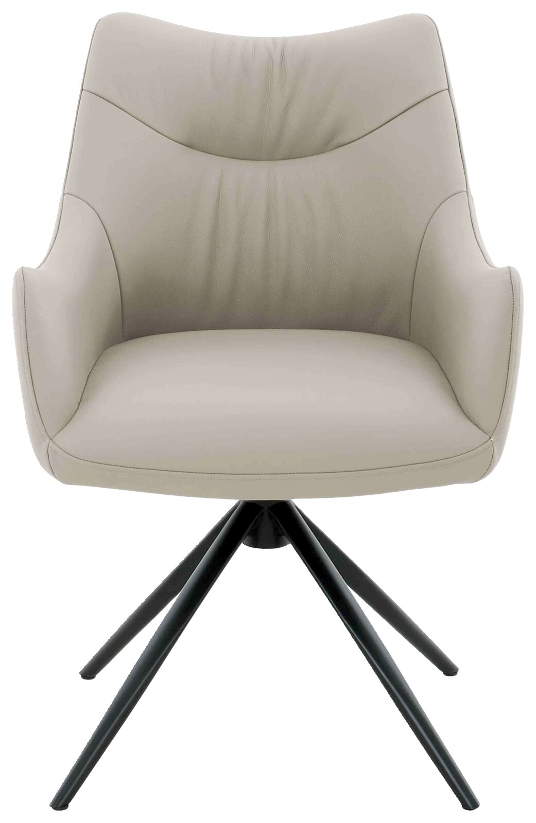Moderne fauteuil in beige met een zwart metalen frame, vooraanzicht