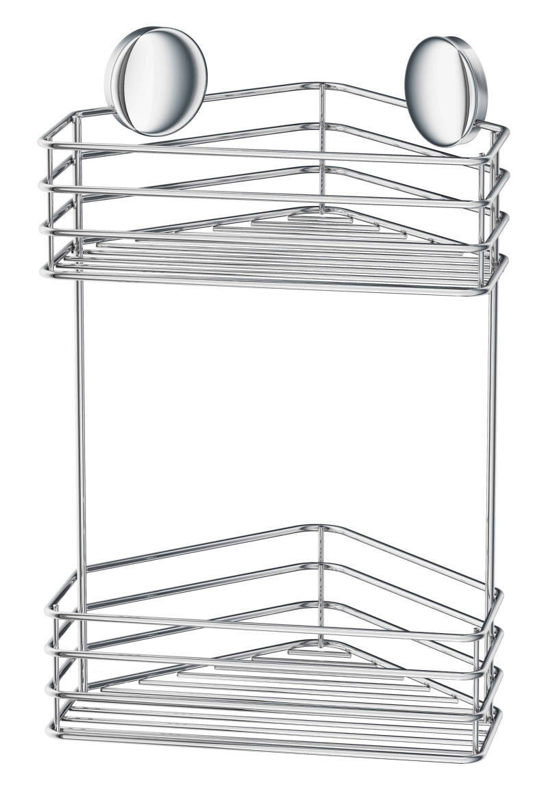 Doppelter Eckseifenkorb aus Metall mit zwei Ablagen, perspektivisch von vorne gezeigt