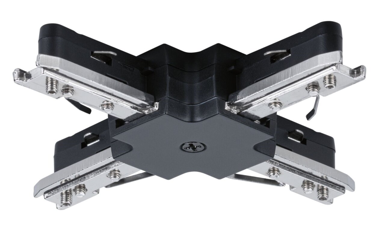 X-Verbinder aus schwarzem Kunststoff und Metall, seitliche Perspektive