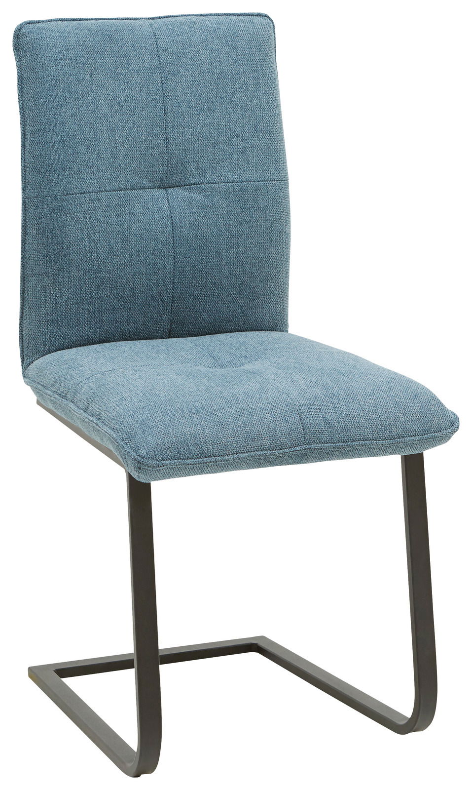Freischwinger-Stuhl mit blauem Stoffbezug und schwarzem Metallgestell, seitliche Perspektive