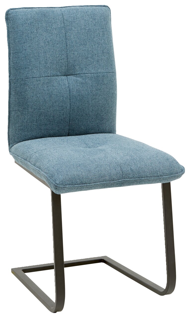 Freischwinger-Stuhl mit blauem Stoffbezug und schwarzem Metallgestell, seitliche Perspektive
