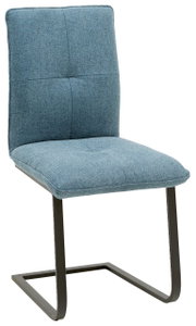 Swingstoel met blauwe stoffen bekleding en zwart metalen frame, zijaanzicht