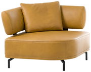 Moderner, senfgelber Sessel mit schwarzem Metallgestell, seitliche und frontale Perspektive