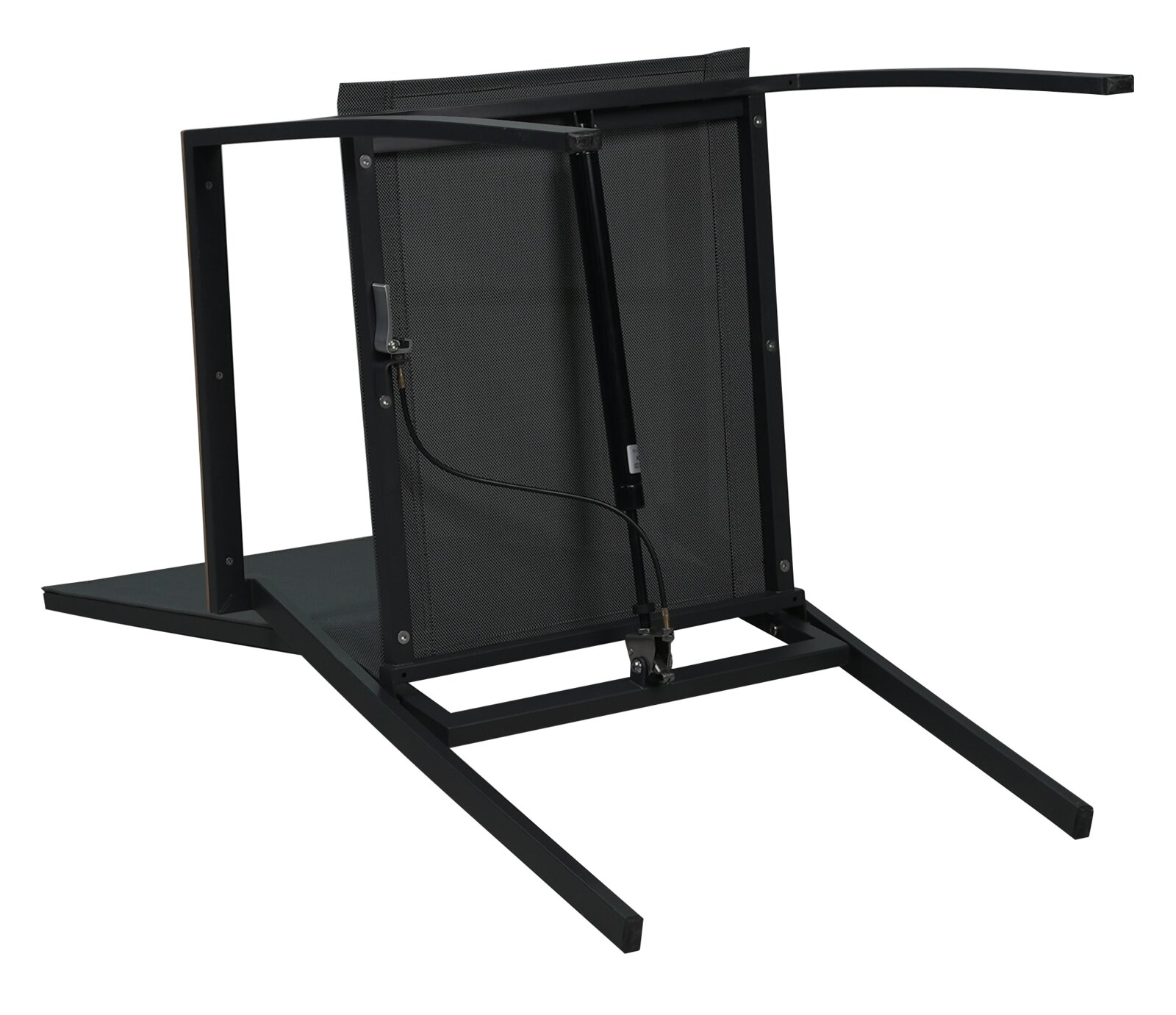 Unteransicht eines Stapelstuhls mit Metallrahmen und Gasdruckfeder