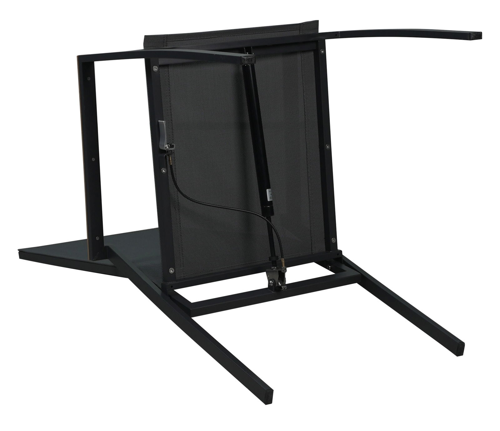 Unteransicht eines Stapelstuhls mit Metallrahmen und Gasdruckfeder